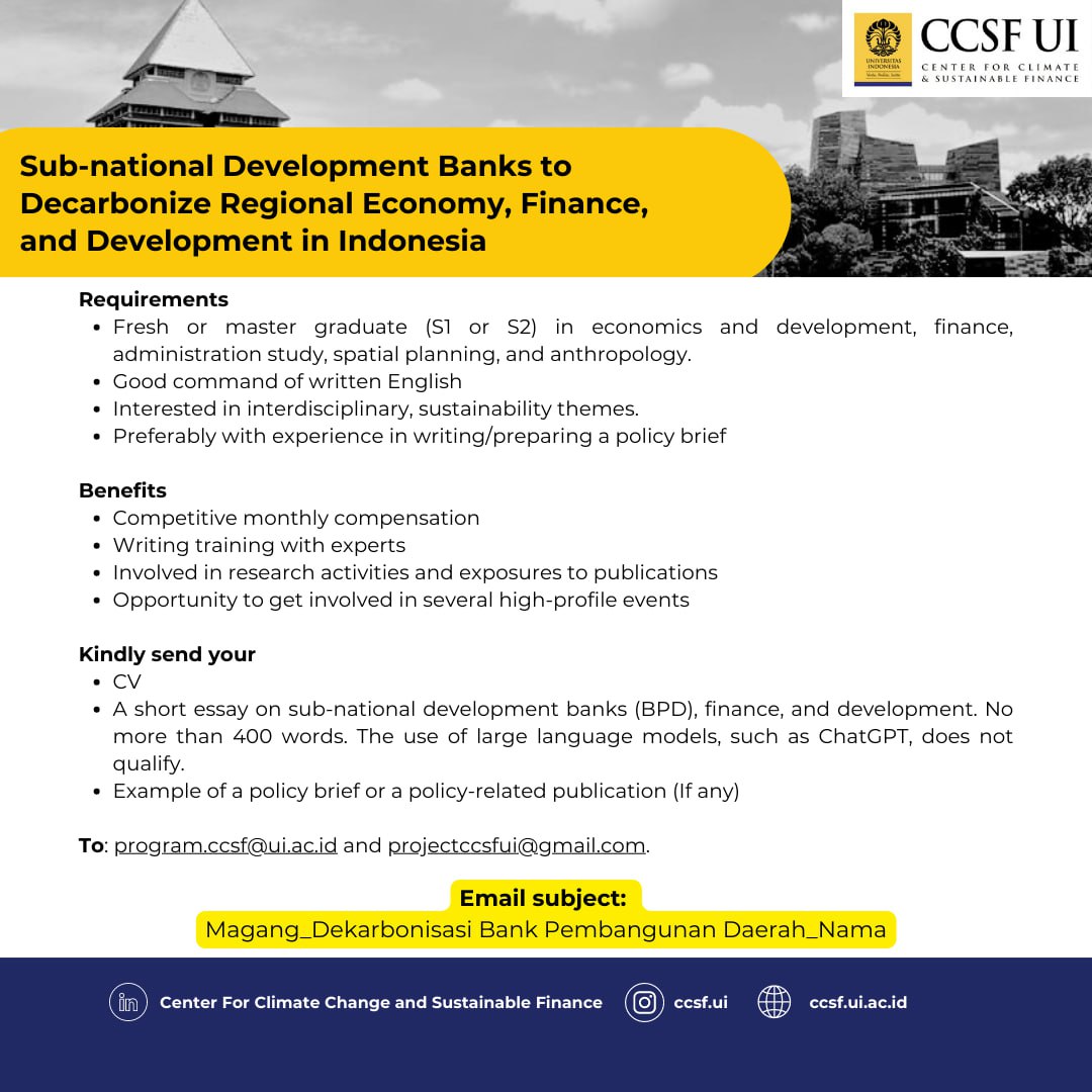 Internship – Sub-national Development Banks to Decarbonize Regional Economy, Finance, and Development in Indonesia