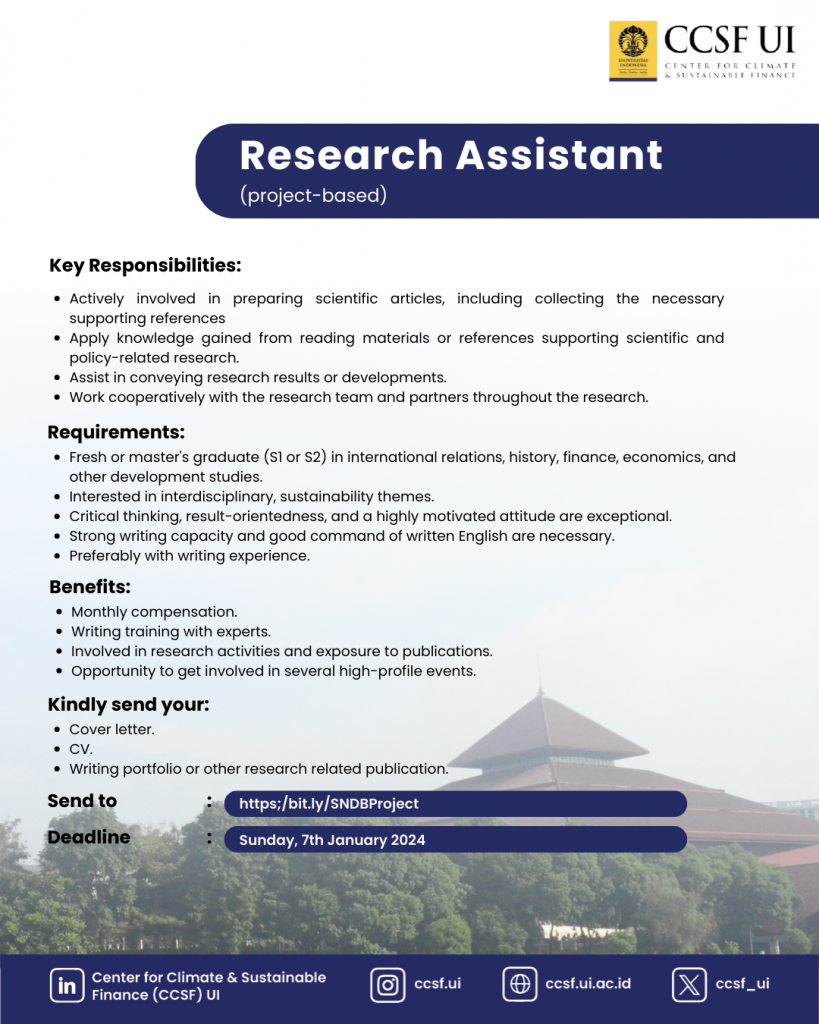 Research Assistant Hiring - Sub-national Development Banks to Decarbonize Regional Economy, Finance, and Development in Indonesia